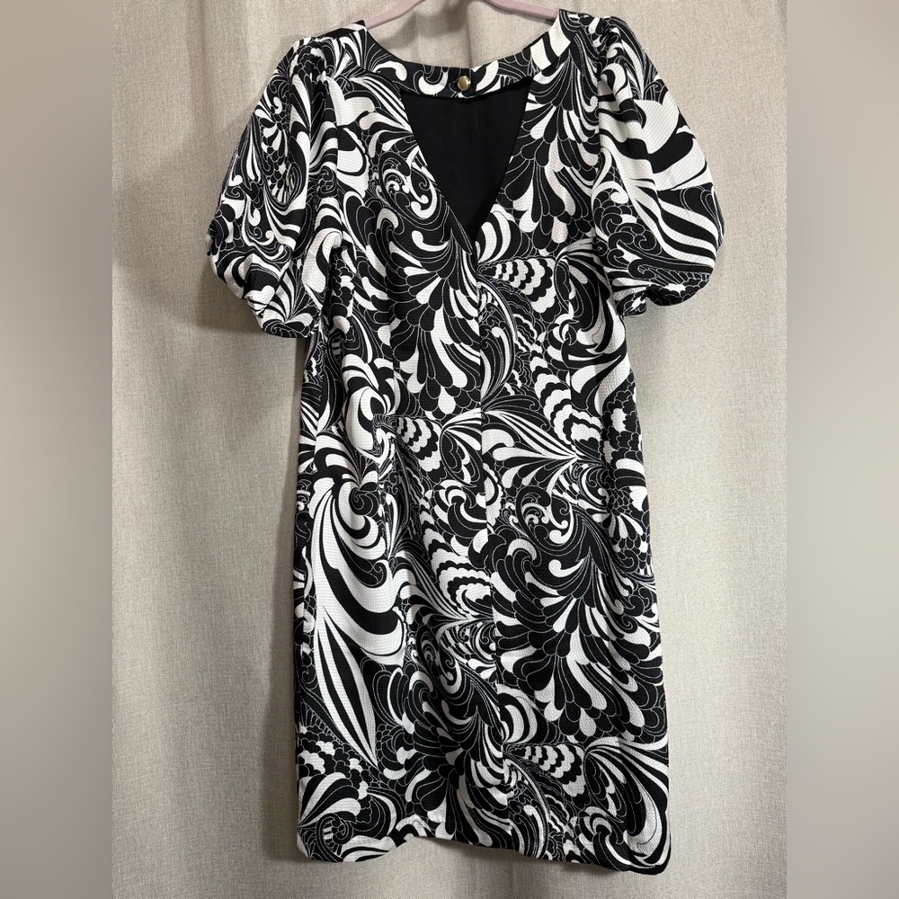 Talbots Black White Floral Dress Bubble Sleeve Satin Shift Wedding Guest Classic - Picture 6 of 17